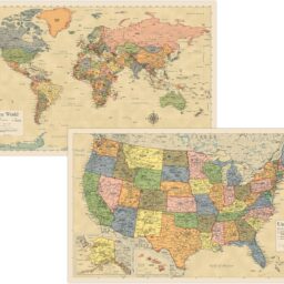 2 Pack - Laminated World Map & US Map Poster Set - Wall Chart Map of the World & United States - Made in the USA [Yellow]